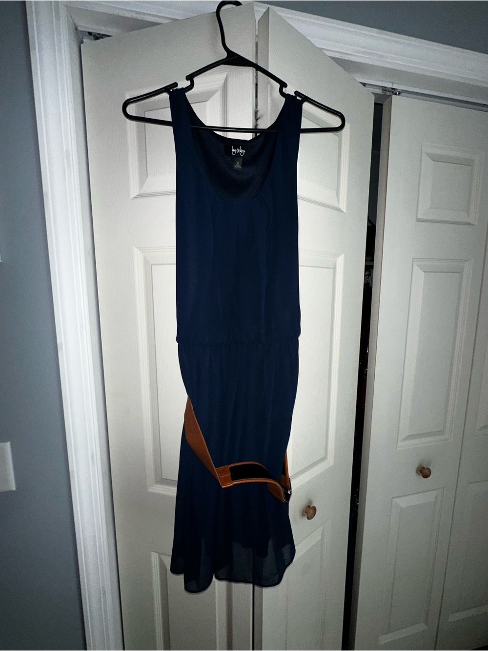 by & by Navy Midi Dress with Brown Trim